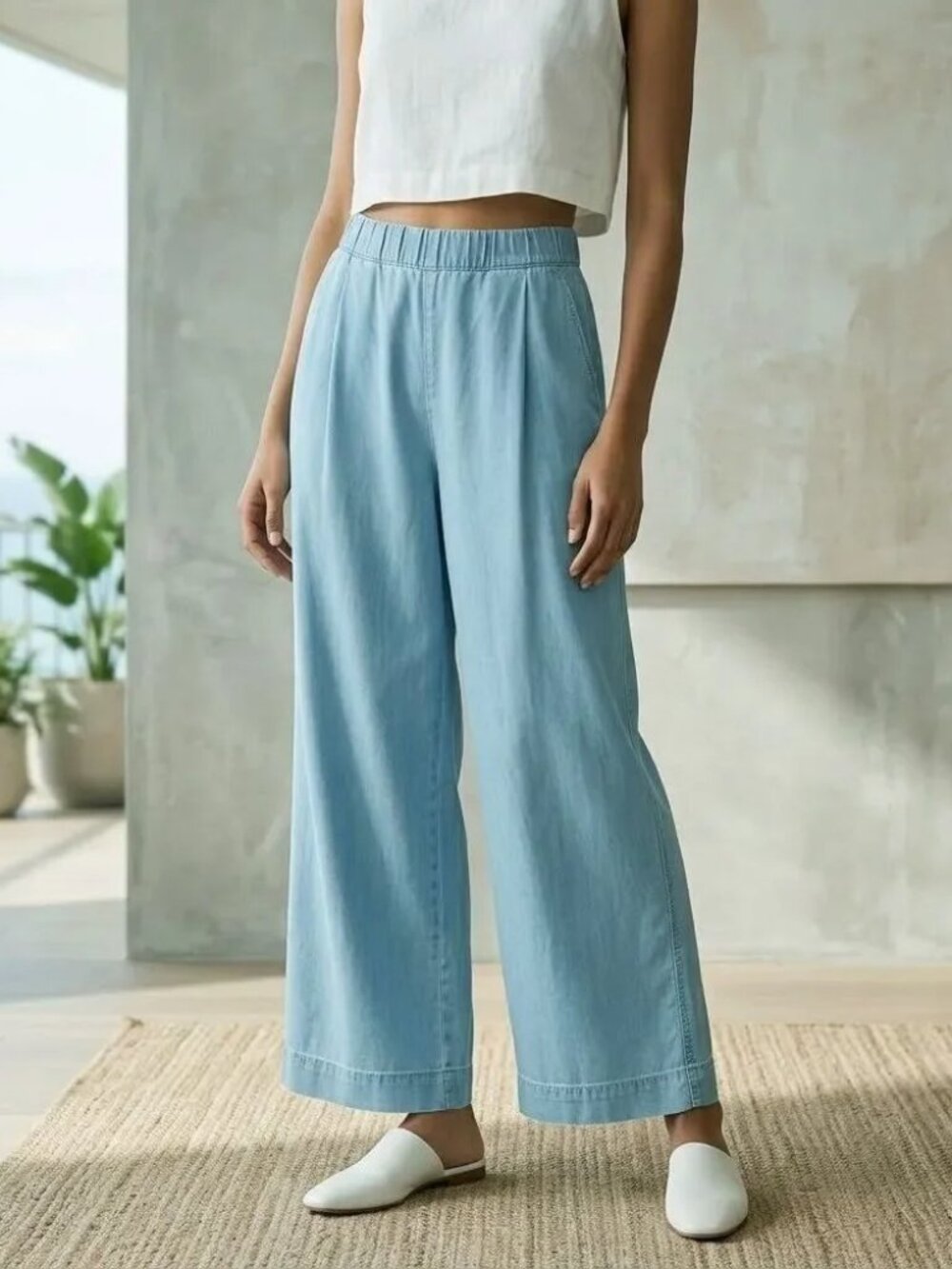 Free People Women's Wide-Leg Drawstring Trouser Pants Adjustable Blue XS 288550